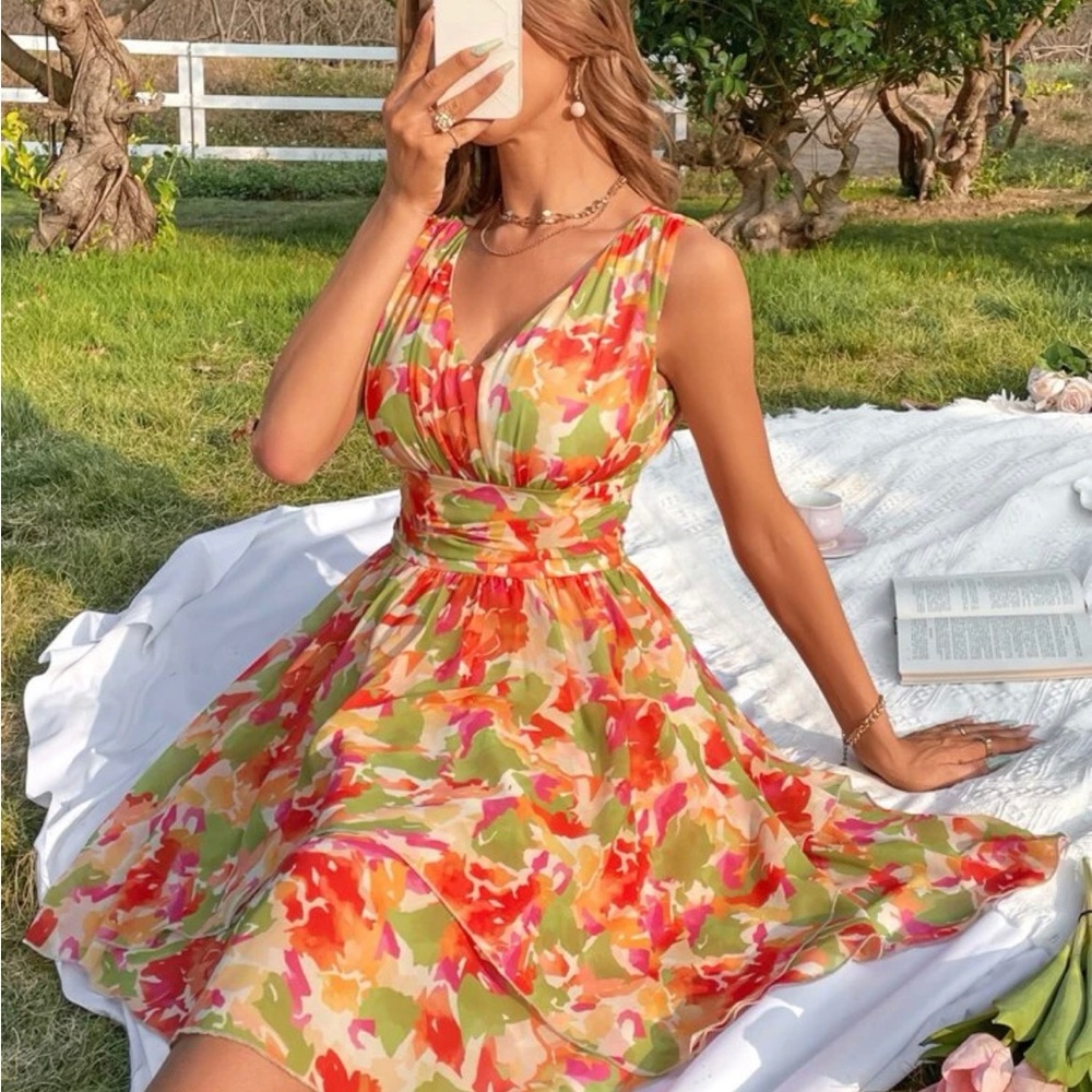 Random allover print teo layered hem dress